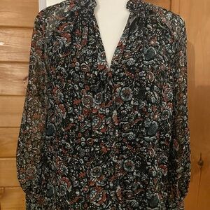 REBECCA MINKOFF Floral Sheer Long-Sleeve Blouse - Black/Rust